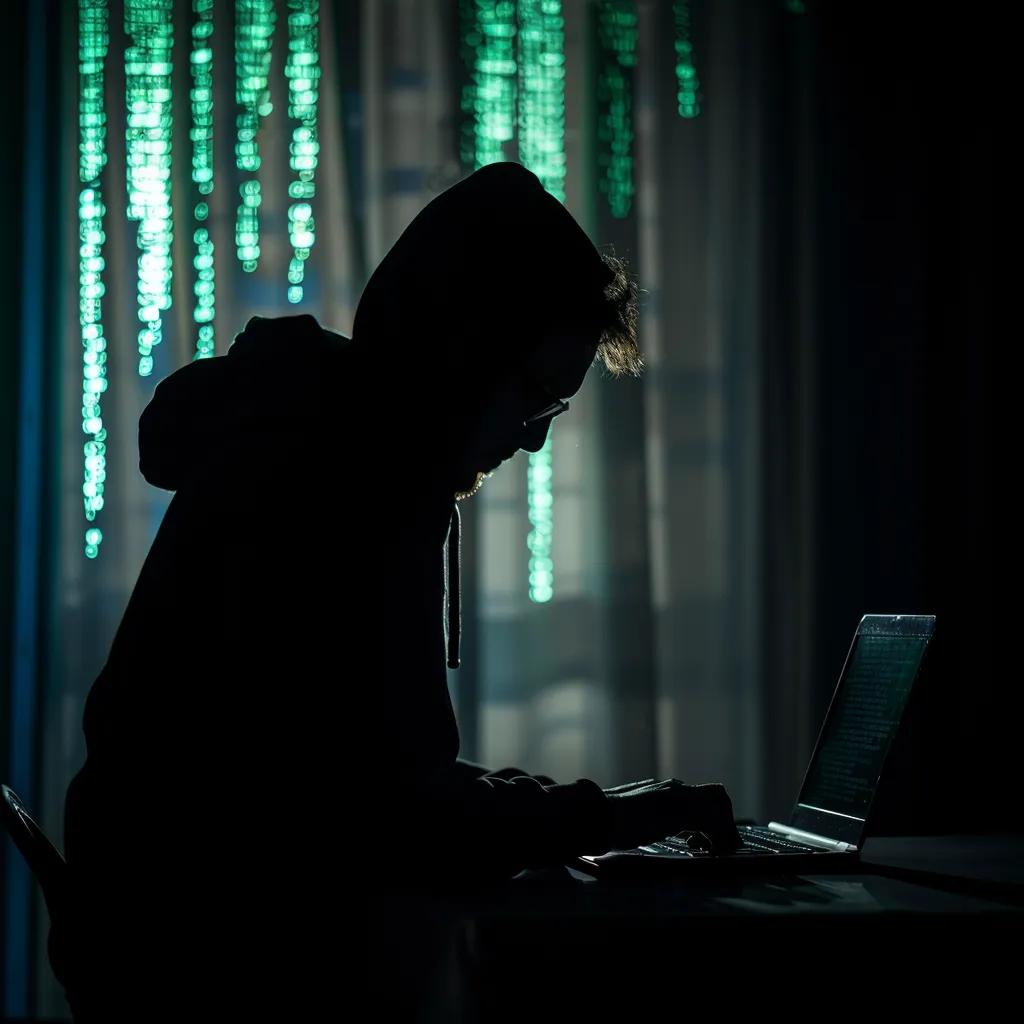 Shadowy figure working on a laptop, representing North Korea's cyber espionage efforts