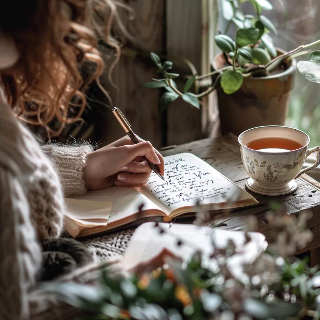 Person writing in a gratitude journal in a cozy, well-lit environment