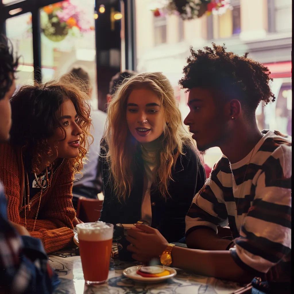 Diverse group of young people discussing fashion and social issues in a café, highlighting the impact of celebrity endorsements