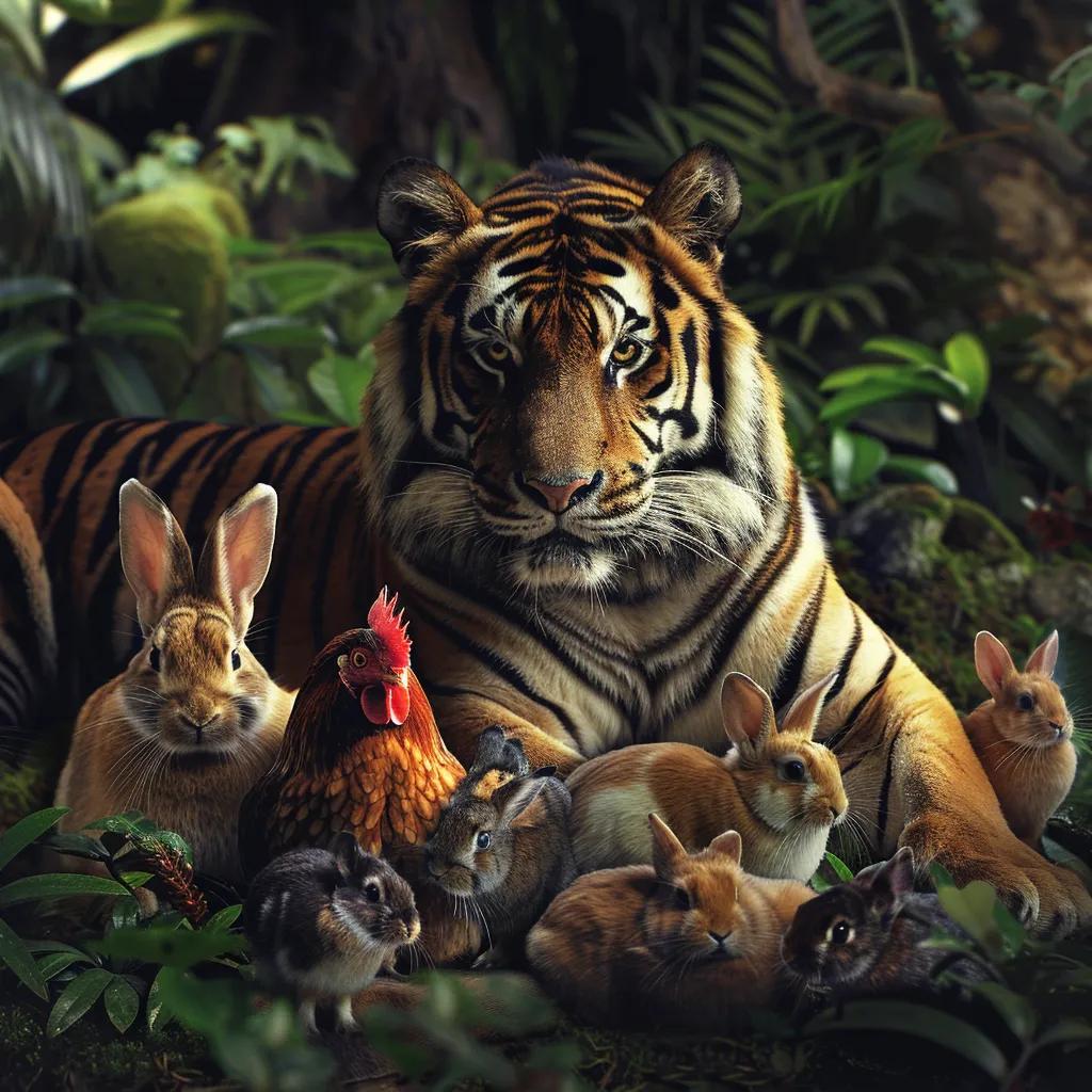 A Sumatran tiger in a zoo setting with healthy unwanted pets like rabbits and chickens, illustrating the pet donation program