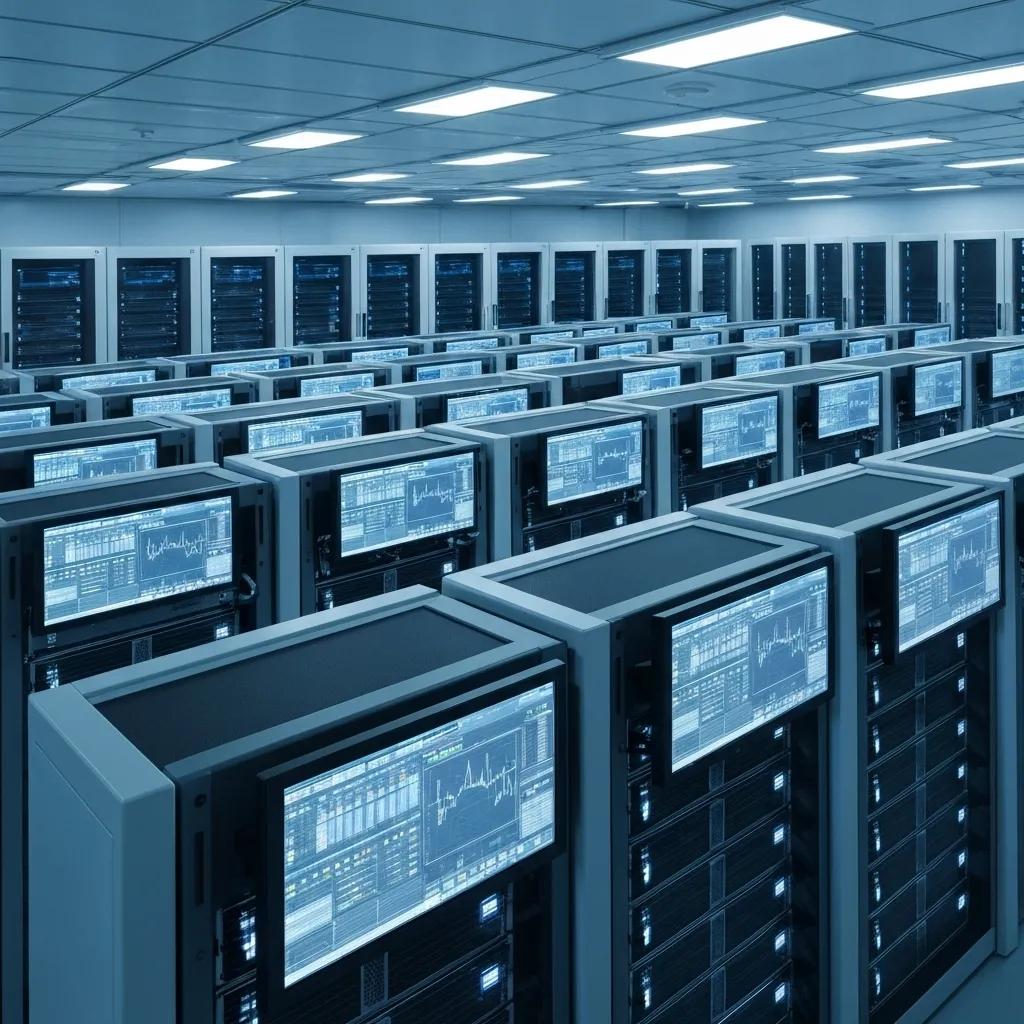 Data center with servers and analytics screens for managing police bodycam footage, showcasing technological challenges