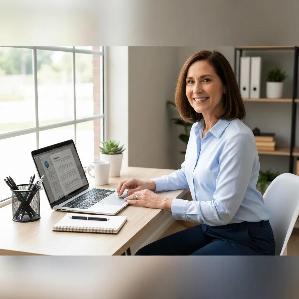 Older adult working from home as a virtual assistant in a cozy office setting