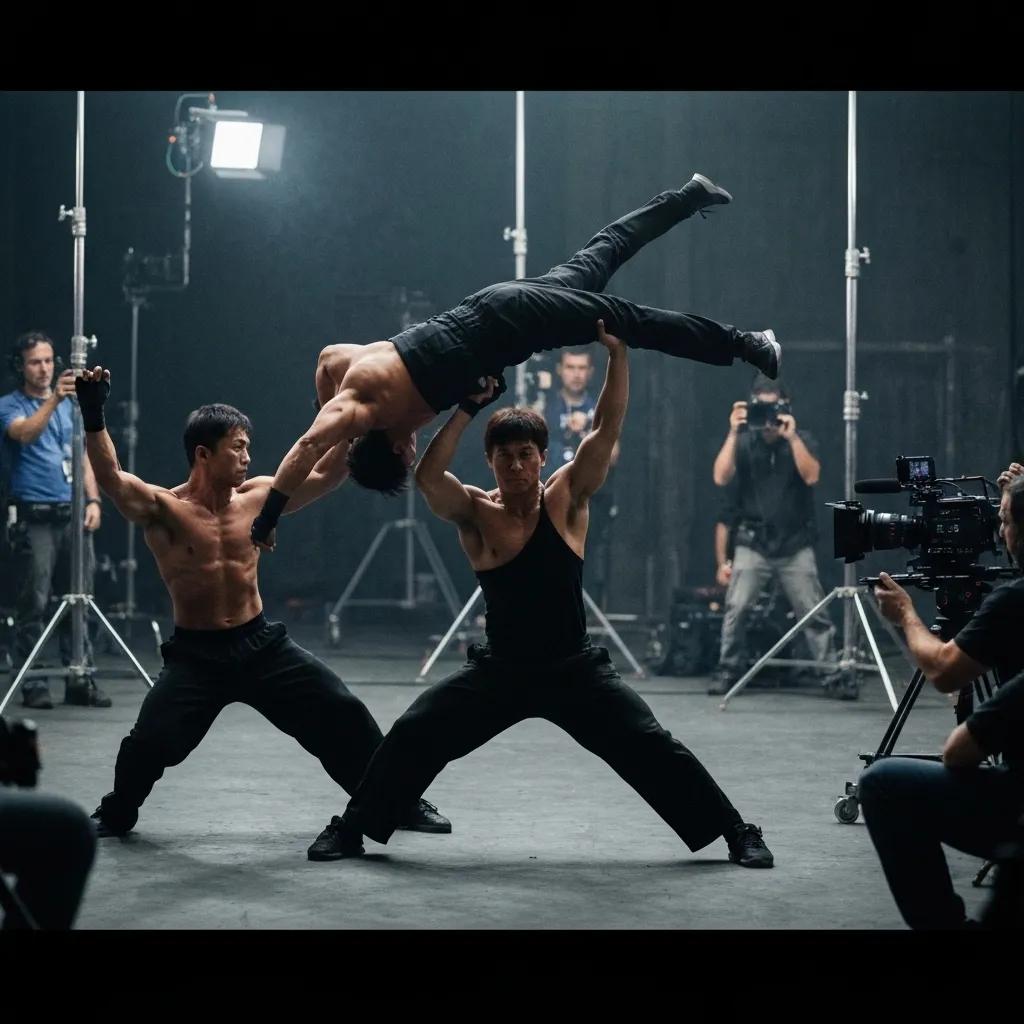 Jackie Chan Stunt Team performing dynamic stunts on a film set, showcasing their influence on Spider-Man's action sequences