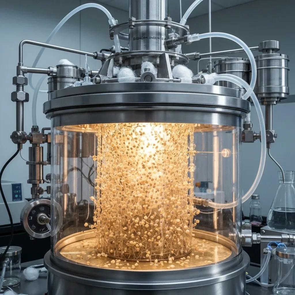 Illustration of yeast fermentation process for silk production, showcasing the synthesis of silk proteins in a bioreactor