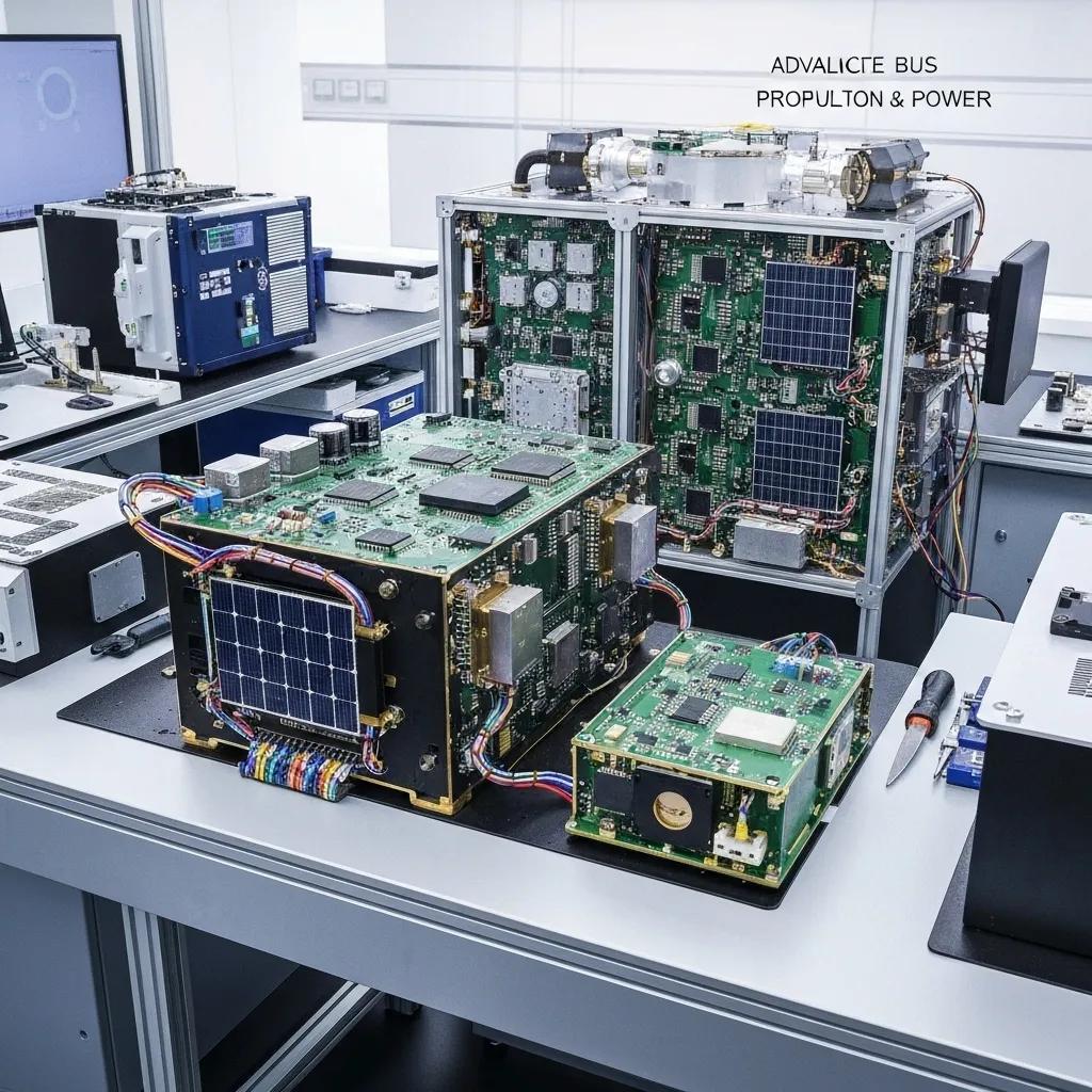 Advanced propulsion and power systems used in satellite buses, showcasing intricate technology