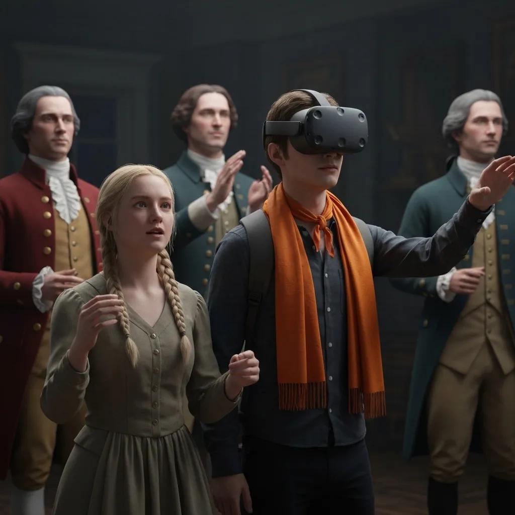 Students role-playing historical figures during a VR experience of the Boston Tea Party, fostering empathy