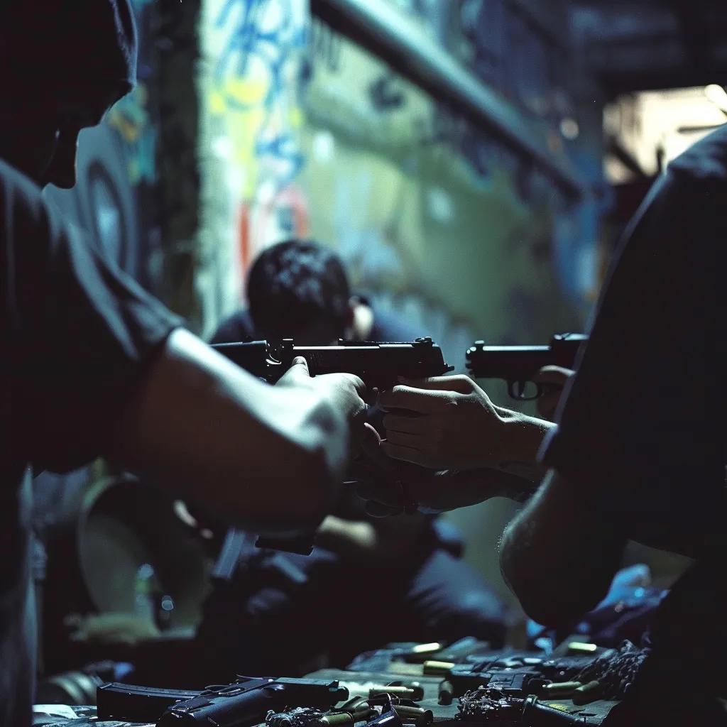 Individuals assembling ghost guns in a dimly lit urban alley, representing gang activity