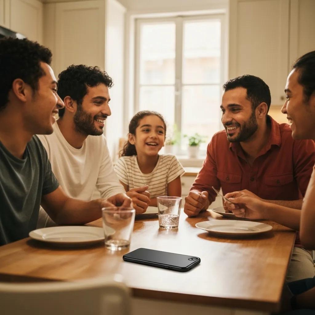 Immigrant family using a mobile app for financial management, representing empowerment and credit building