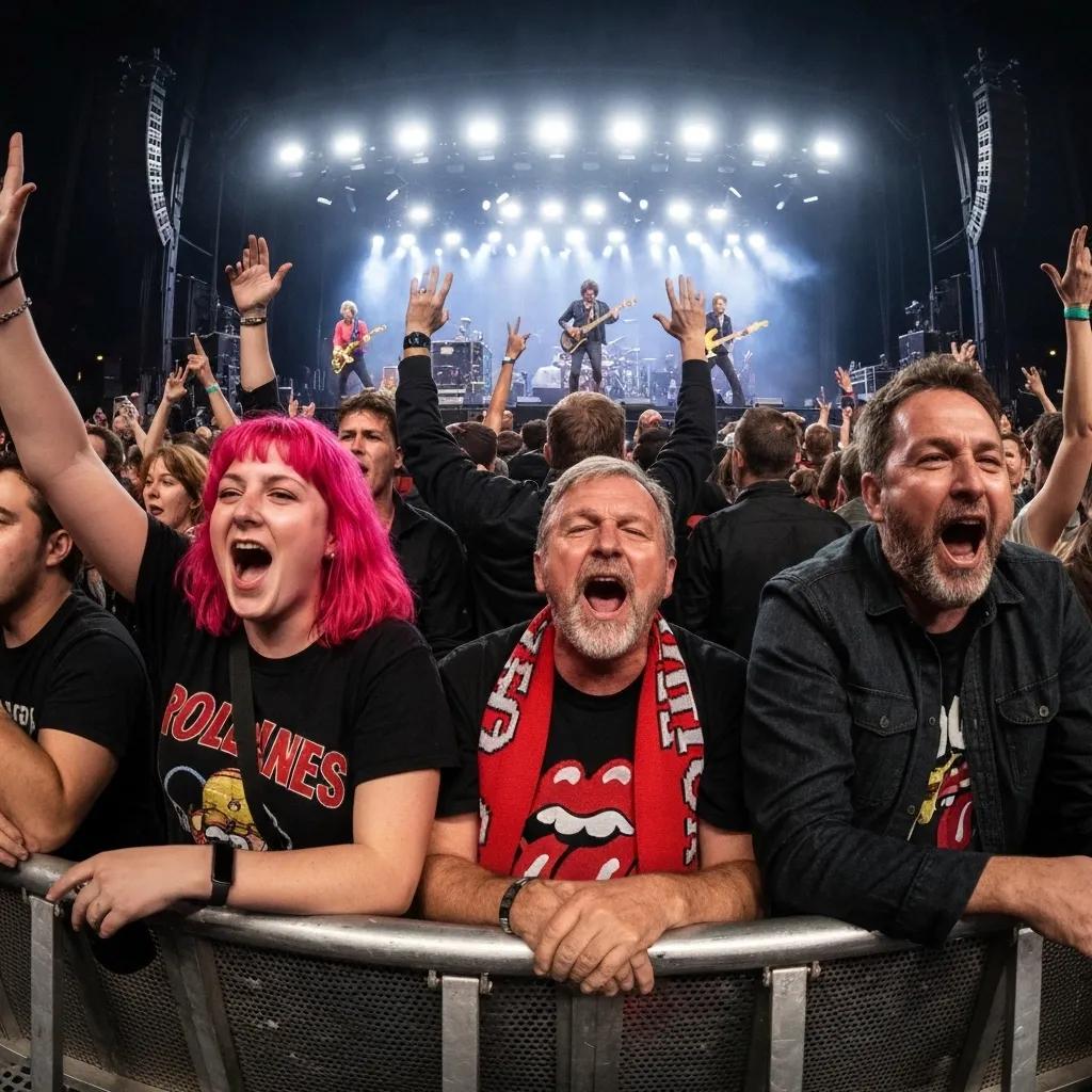 Excited fans enjoying The Rolling Stones concert, showcasing the vibrant atmosphere and community engagement