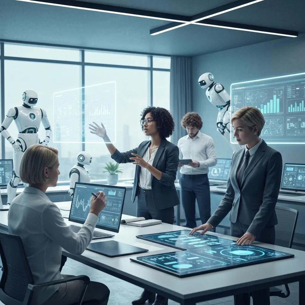 Futuristic workspace showcasing AI technology and diverse professionals collaborating