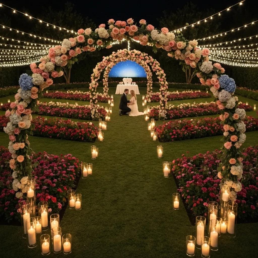 The romantic garden setting where Travis Kelce proposed to Taylor Swift, featuring floral arches and candlelight