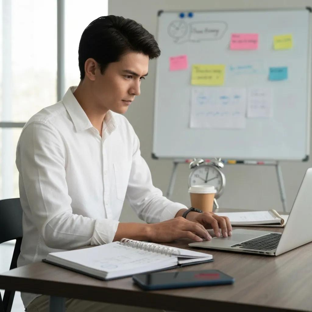 Focused employee working efficiently in a bright office, illustrating productivity gains from a four-day work week