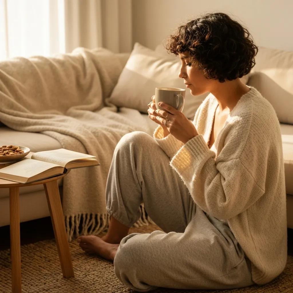 A person enjoying mushroom coffee in a cozy setting, highlighting the health benefits and relaxation associated with the beverage
