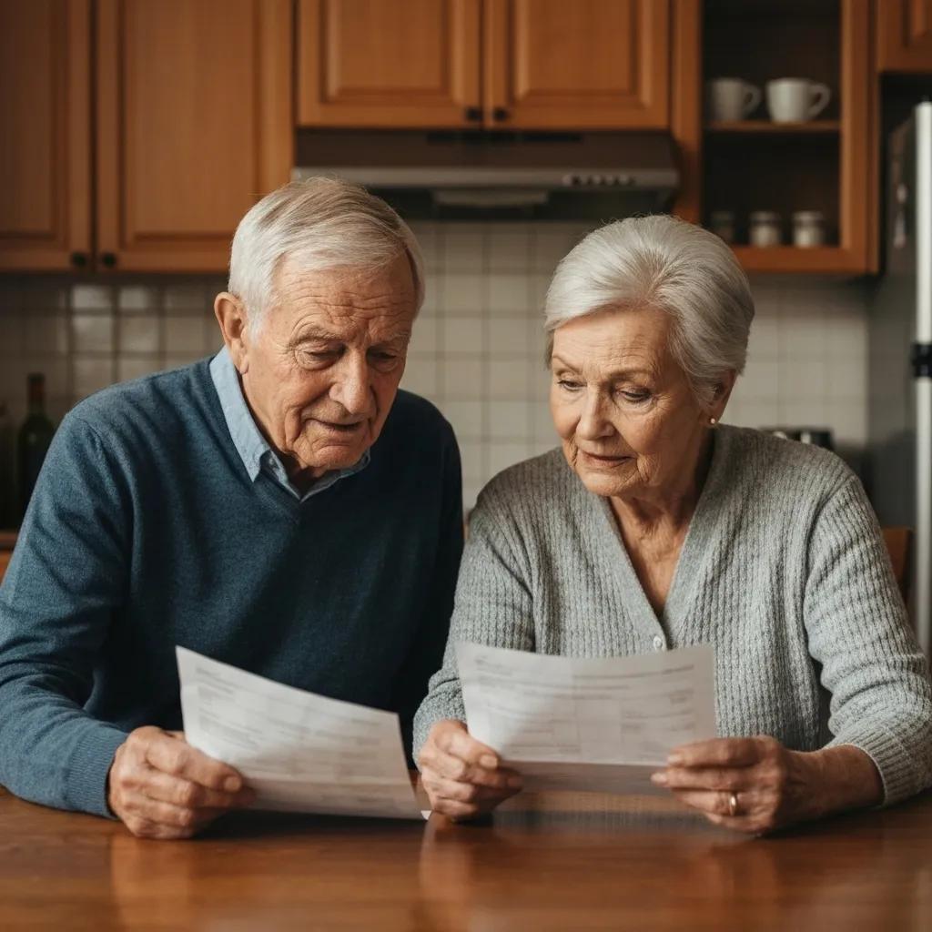 Elderly couple reviewing medical bills, illustrating the emotional impact of Medicare fraud on seniors