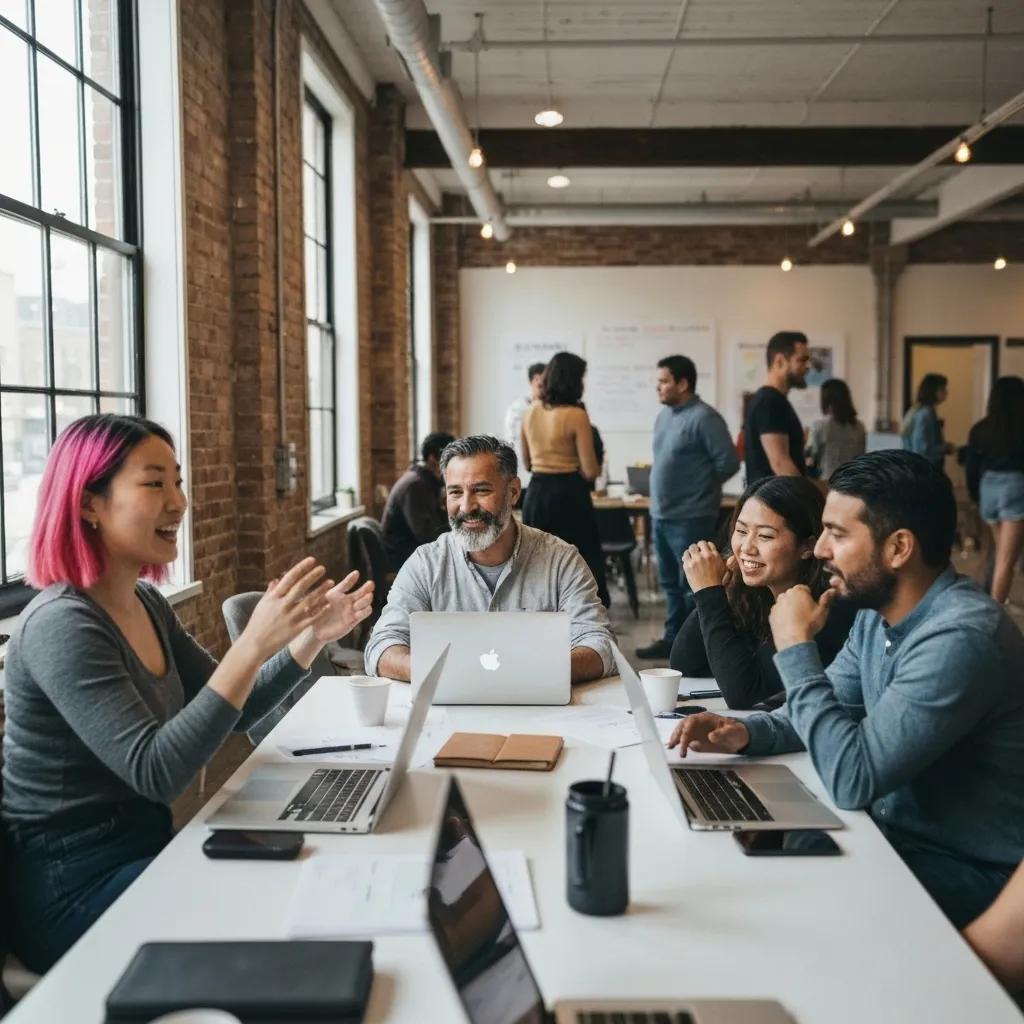 Diverse remote workers networking at a community event in a co-working space