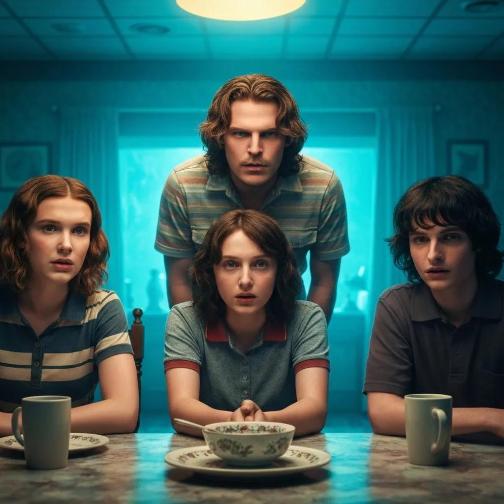 Main cast of Stranger Things Season 5 in character against Upside Down backdrop