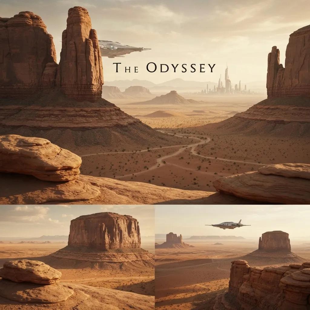 Stunning filming location from The Odyssey featuring a desert landscape and futuristic city