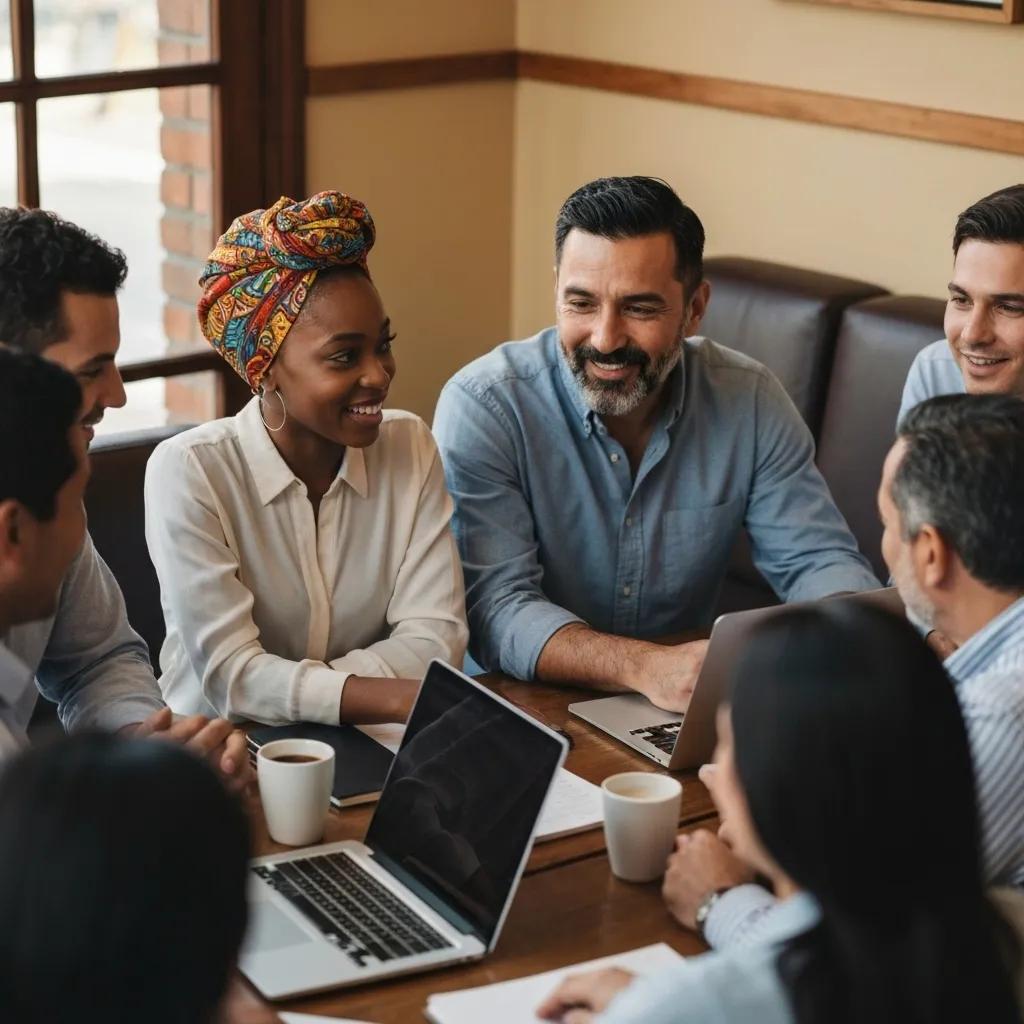 Diverse group of entrepreneurs in a coffee shop discussing support networks and collaboration