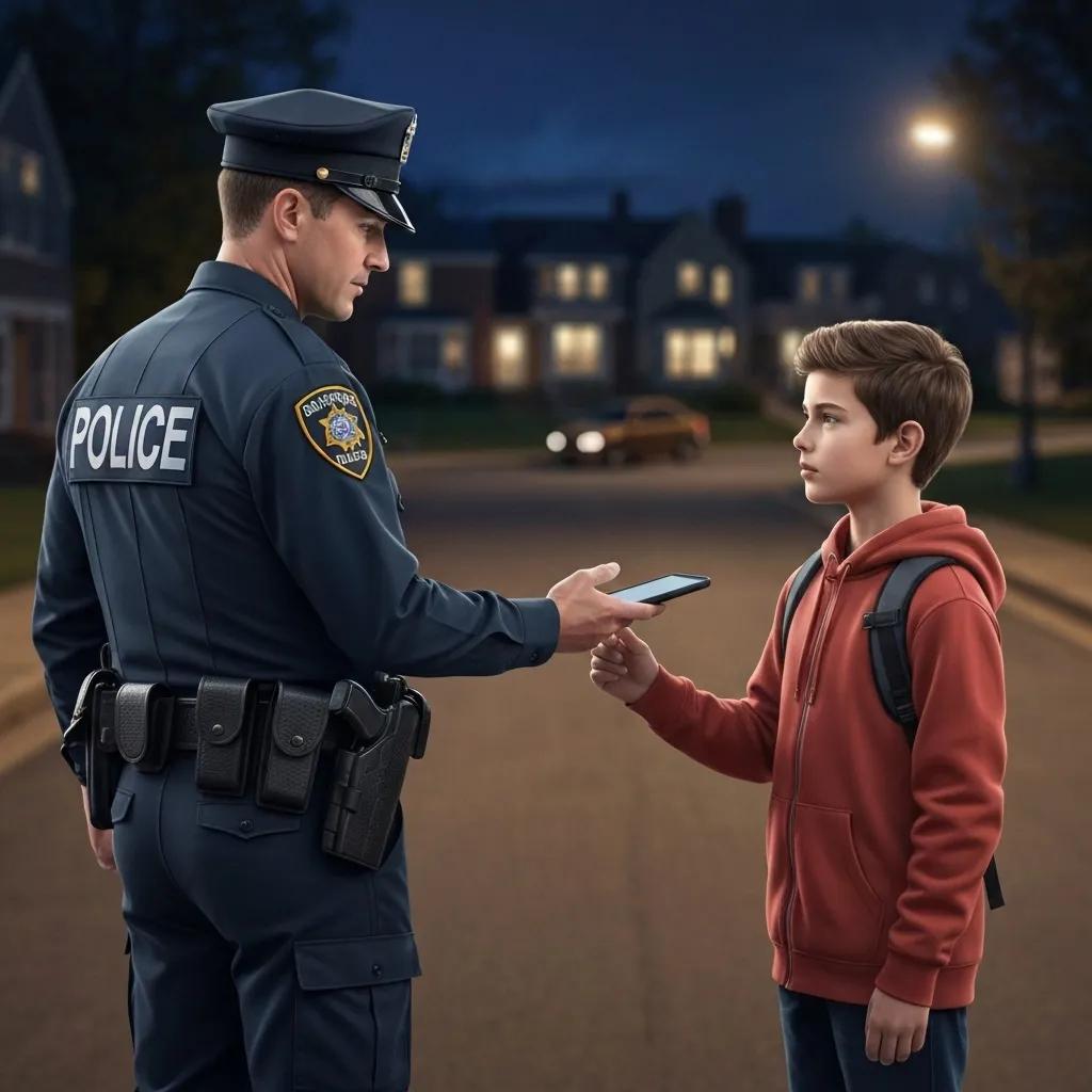 Police officer engaging with a minor during curfew enforcement in a neighborhood setting