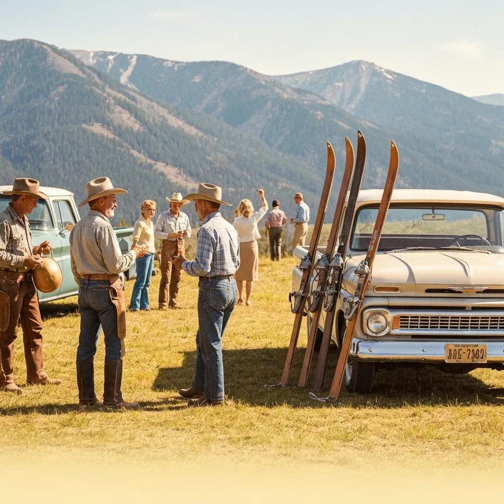 1960s Montana ranch scene blending traditional ranch life with emerging tourism