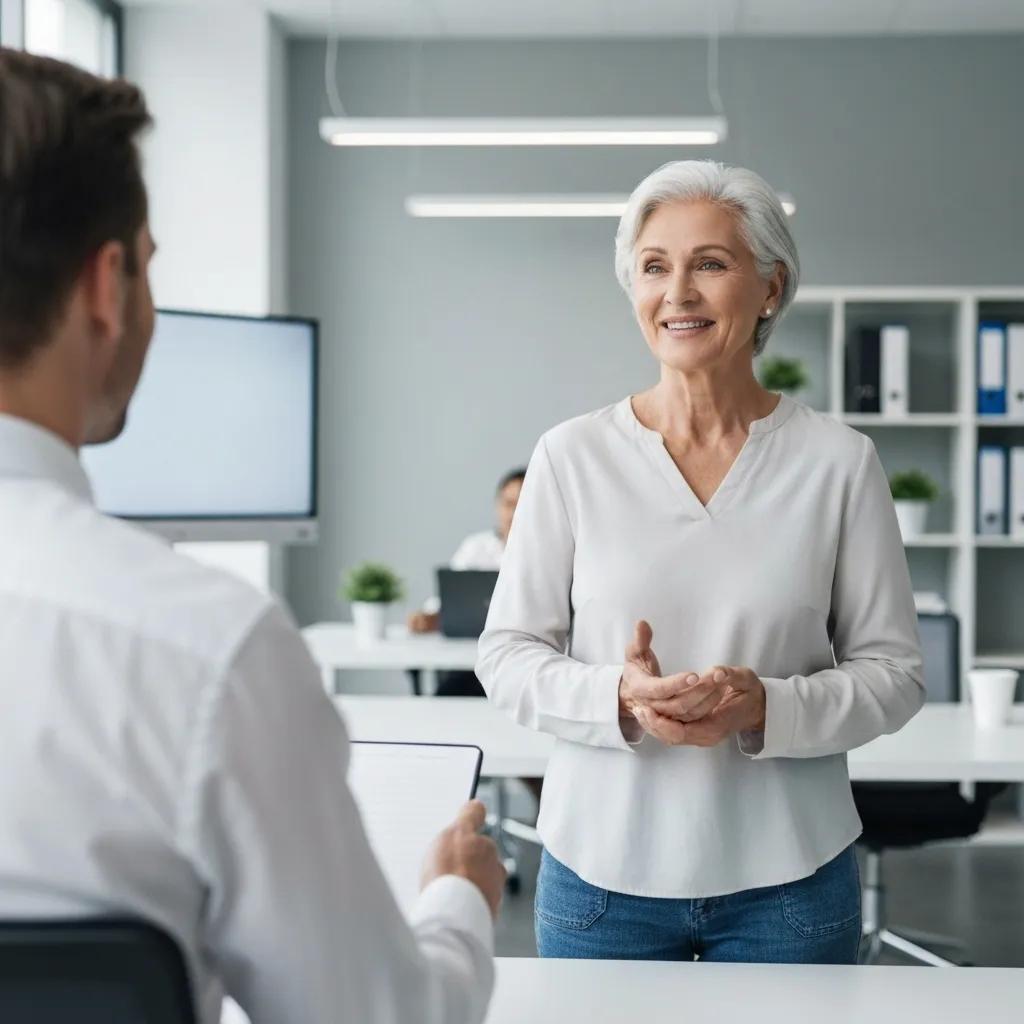 Older adult confidently presenting in a job interview, showcasing strategies to combat age discrimination