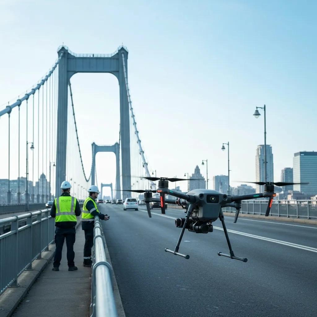 Drone enhancing safety and efficiency during bridge inspections, with workers observing from a distance