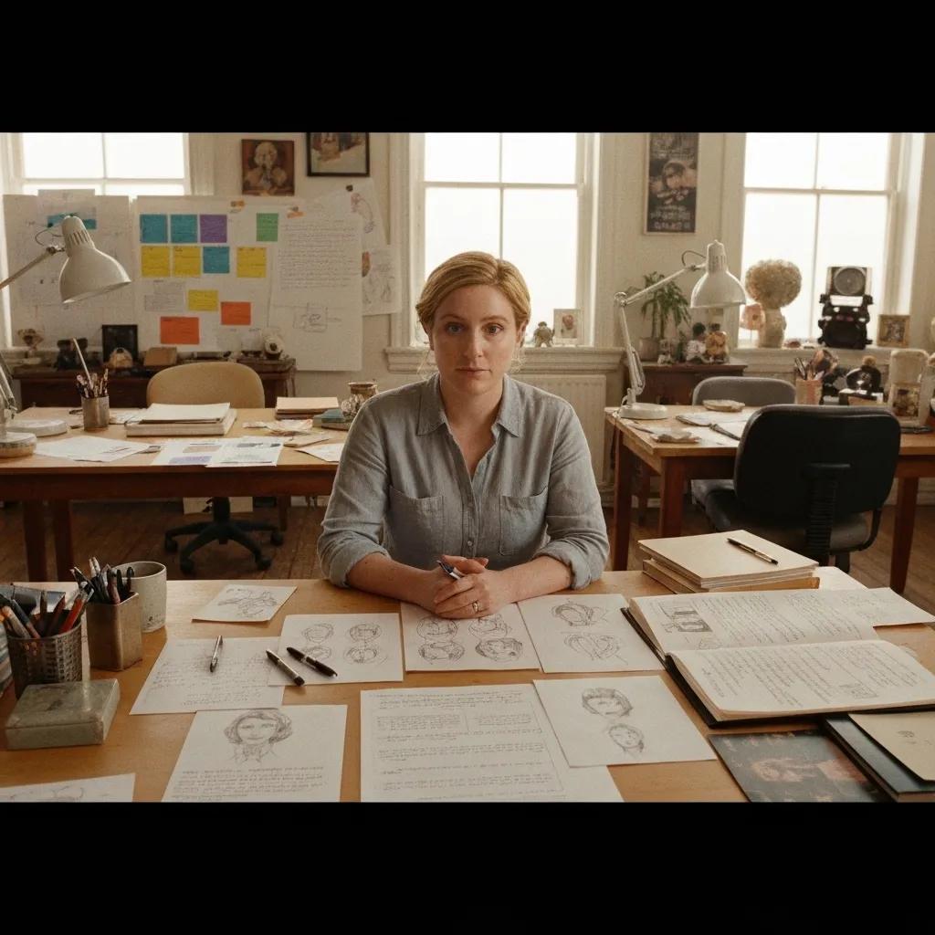 Greta Gerwig in a creative workspace, surrounded by storyboards and scripts, reflecting her commitment to storytelling