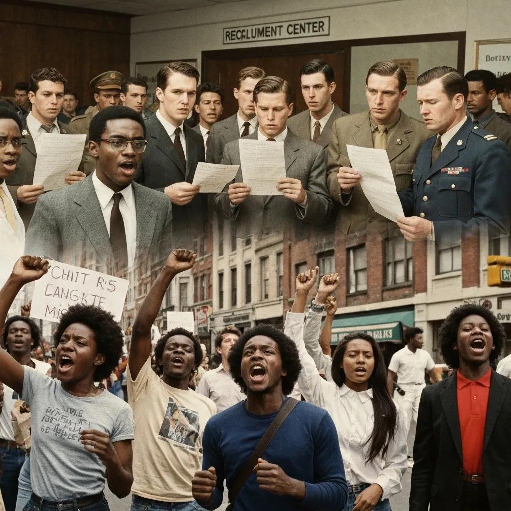 Artistic representation of 1960s historical events impacting the Dutton family, including civil rights protests and military draft