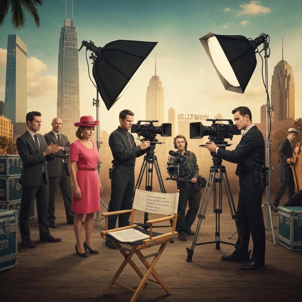 Film production set with vintage Hollywood backdrop, crew members, and retro costumes, illustrating pre-production excitement