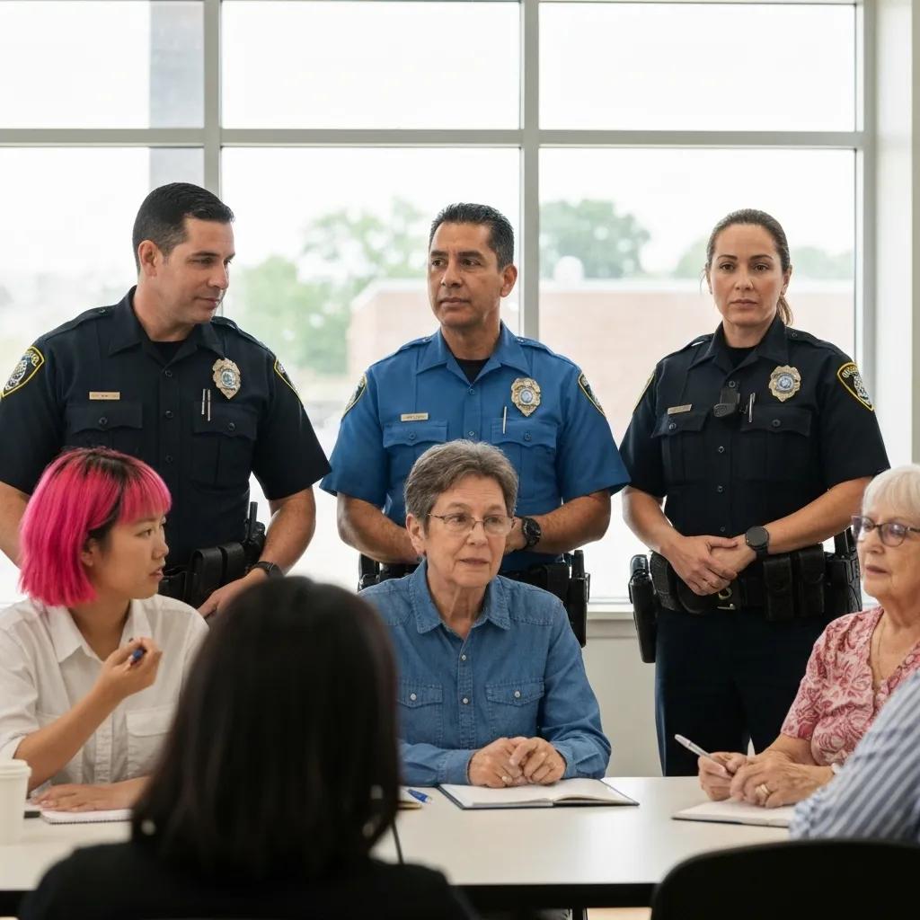 Community town hall meeting with police officers and residents discussing policing practices, fostering trust and engagement