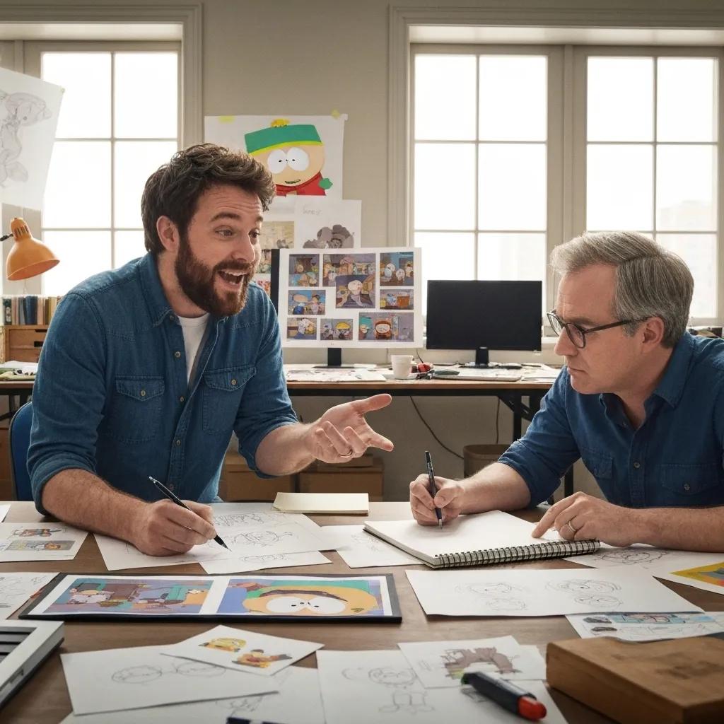 Trey Parker and Matt Stone brainstorming in a studio, surrounded by sketches and animation tools