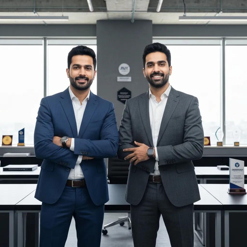 Founders Omer Bin Ahsan and Muhammad Omer Khan in a modern office, representing fintech and logistics leadership