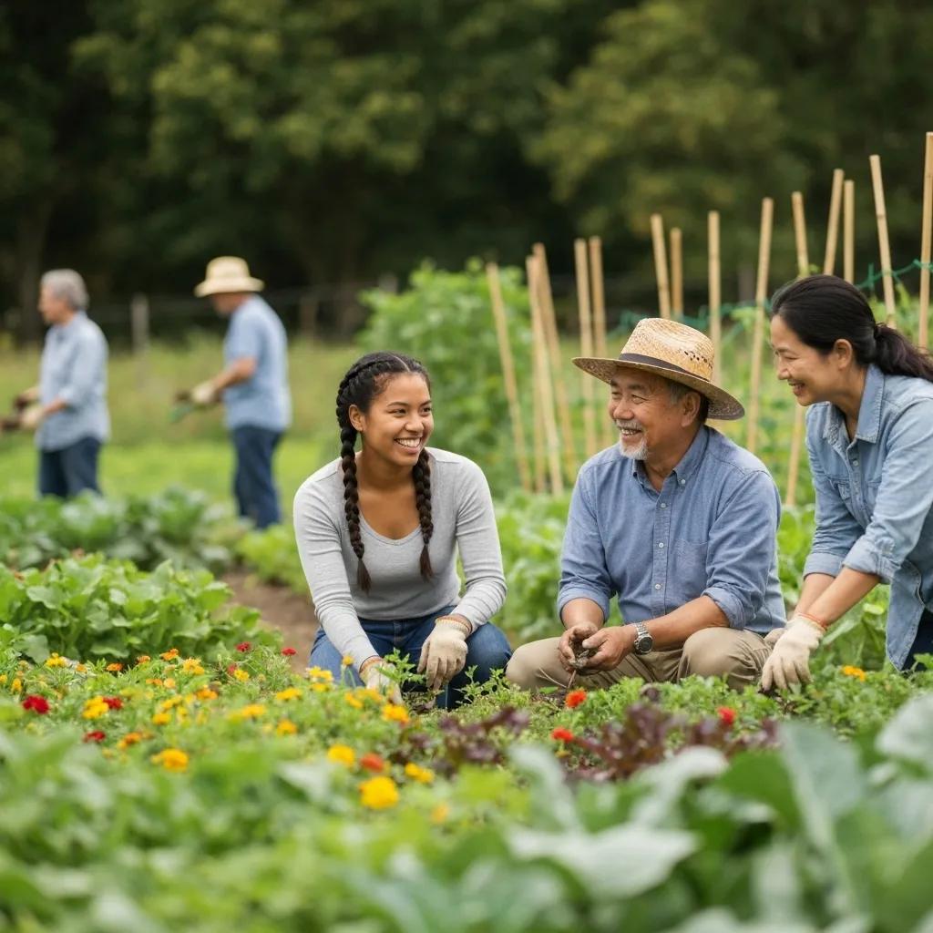 Diverse individuals working together in a community garden, showcasing social connection and well-being through gardening