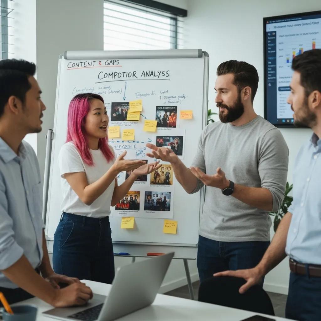 Diverse marketing team brainstorming competitor analysis and content gaps in the entertainment industry