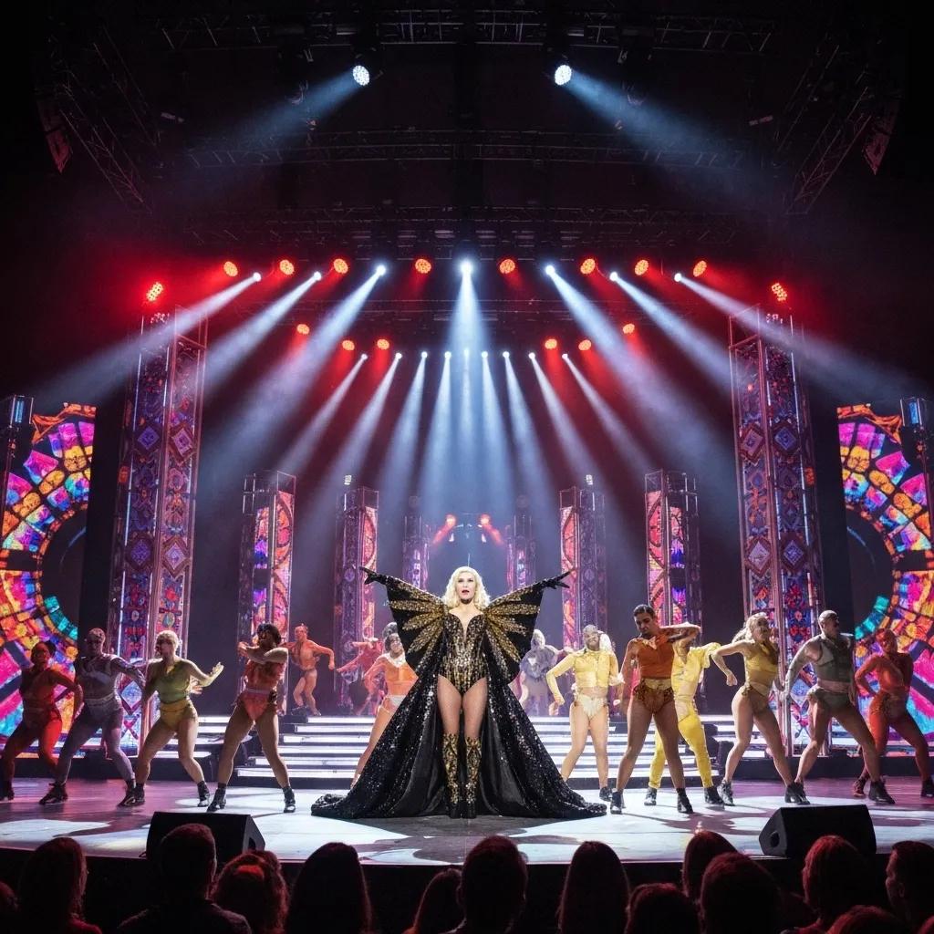 Lady Gaga in a dramatic costume during the Enigma show, surrounded by dancers and vibrant stage lighting