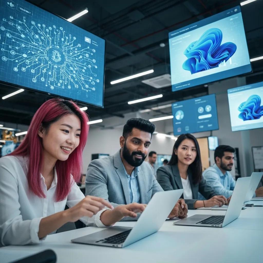 Professionals collaborating in a fintech innovation hub with digital finance elements