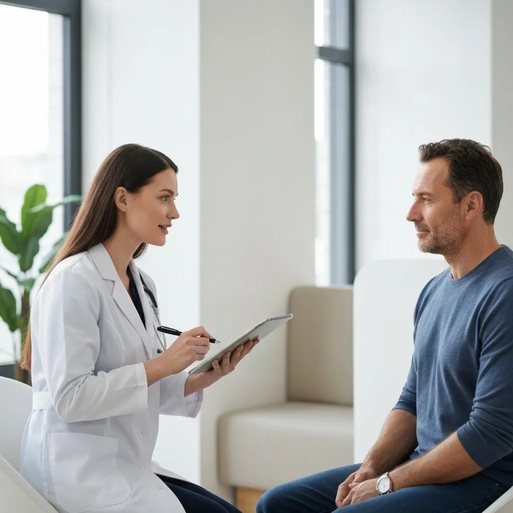 Doctor and patient interacting with AI notetaking device in a clinic