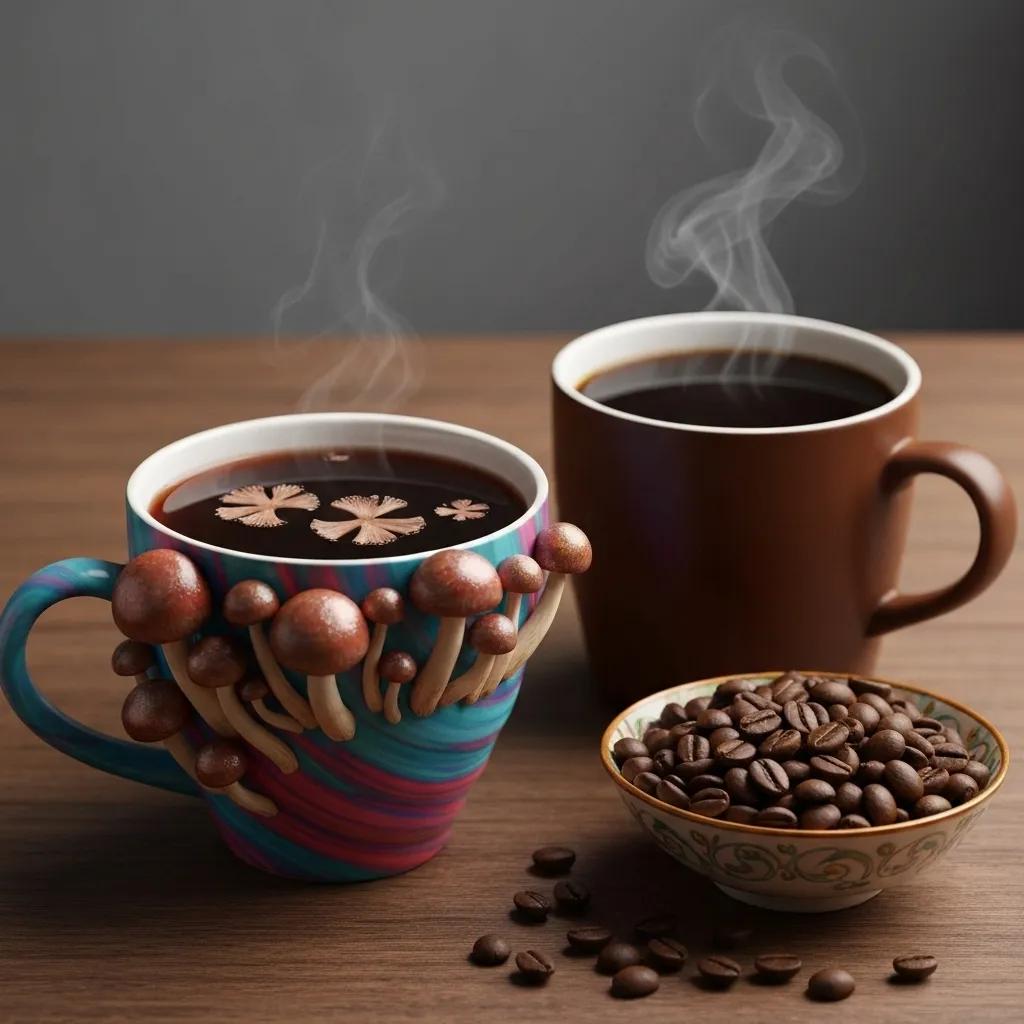 A side-by-side comparison of mushroom coffee and regular coffee, showcasing their ingredients and differences