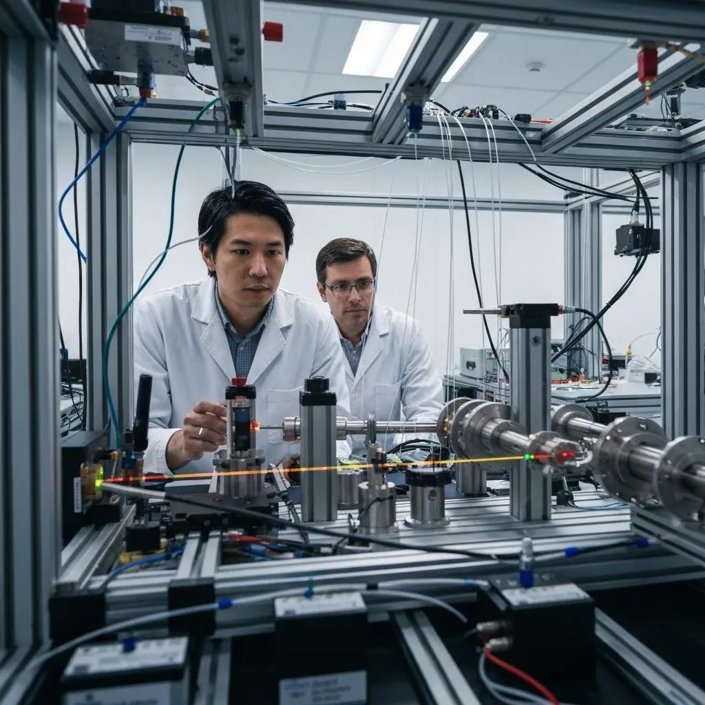 Illustration of quantum key distribution technology with scientists working on quantum devices and secure communication