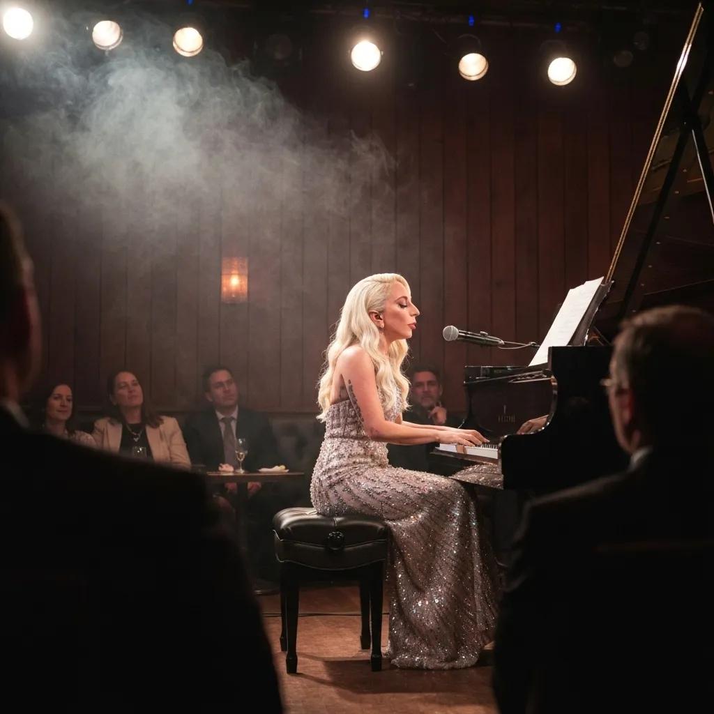 Lady Gaga performing at the Jazz and Piano show, seated at a grand piano in an intimate jazz lounge setting