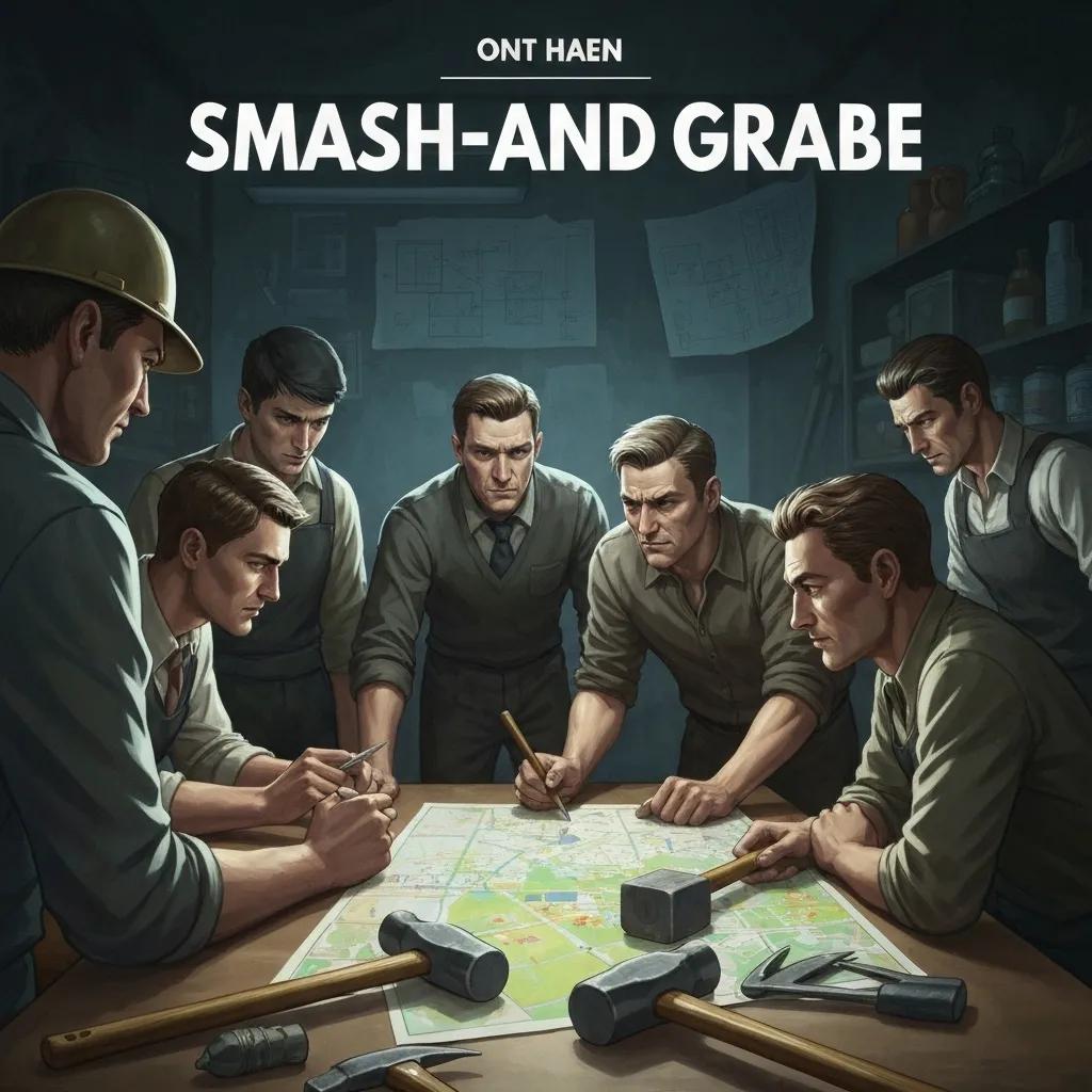 Group planning a smash-and-grab robbery with tools and maps in a dimly lit setting