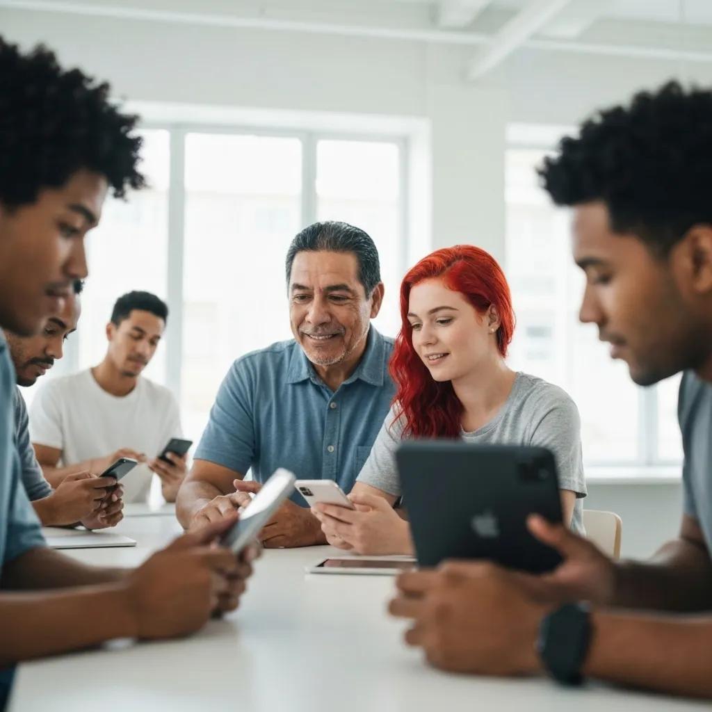 Diverse individuals using mental health technology on different devices, highlighting accessibility
