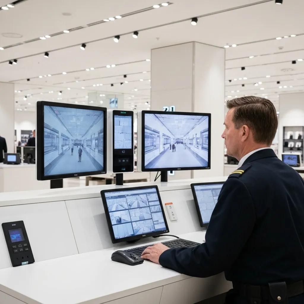 High-tech security setup in a luxury retail store with AI surveillance and reinforced barriers