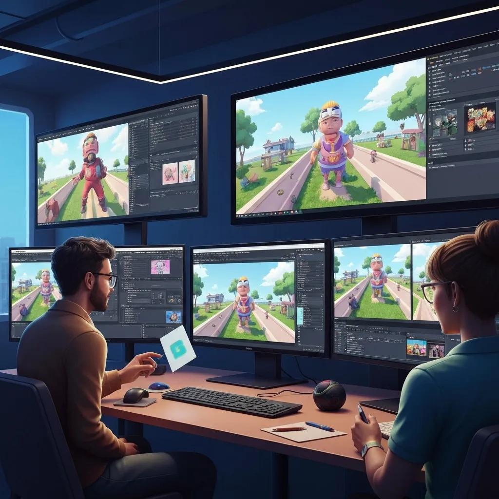 Players collaborating in a creative workspace designing virtual assets and content