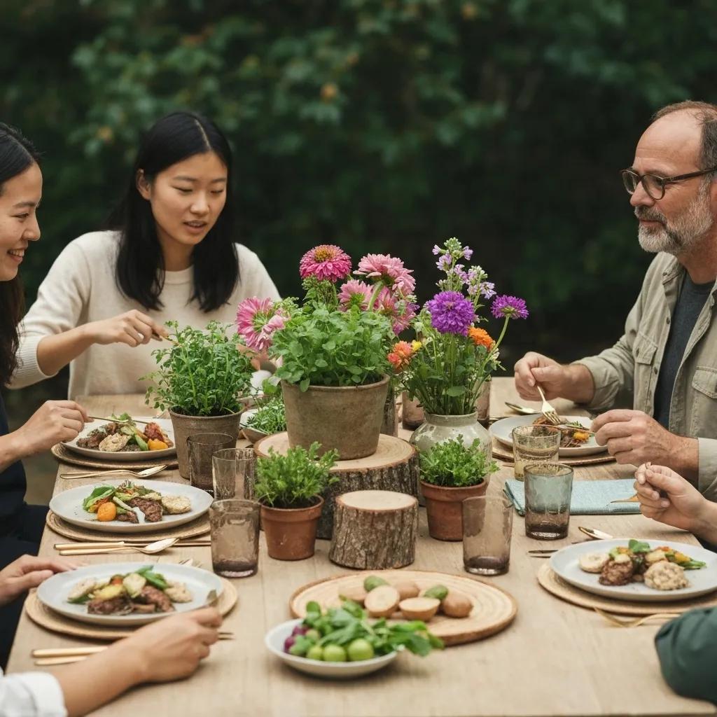 Eco-conscious dinner party setup showcasing sustainable practices with reusable tableware and locally sourced ingredients