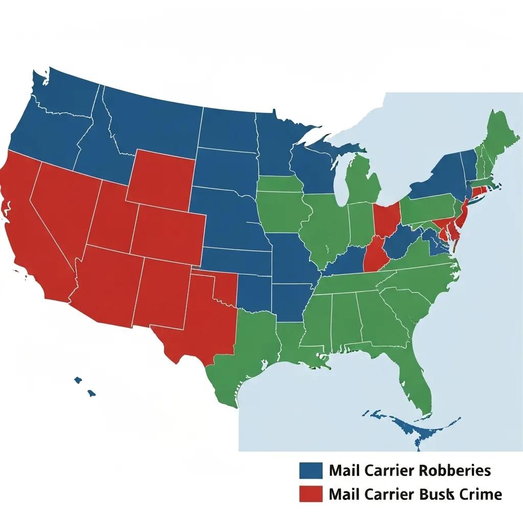 Map showing geographic hotspots of mail carrier robberies across the United States
