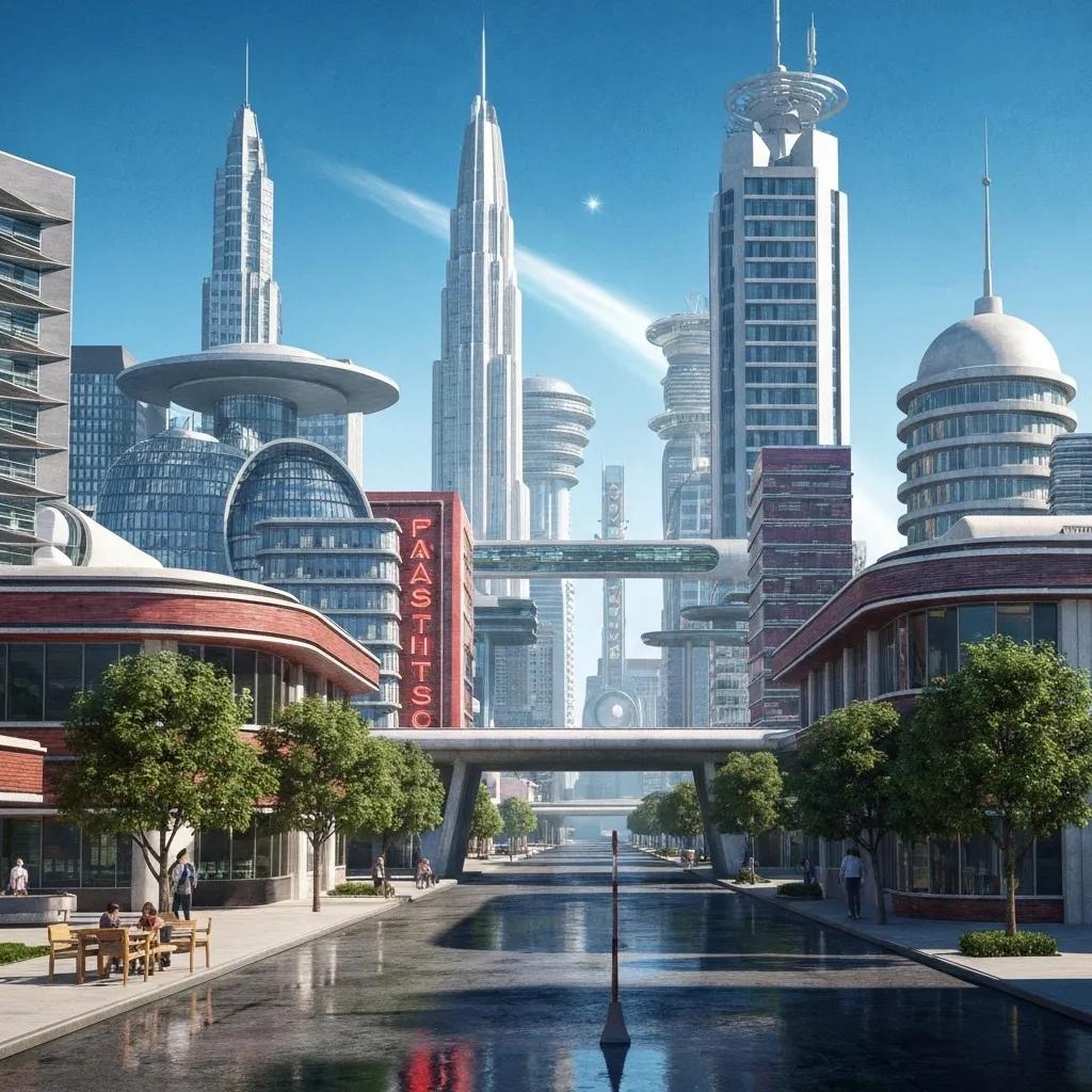 A 1960s retro-futuristic cityscape representing the setting of the Fantastic Four reboot
