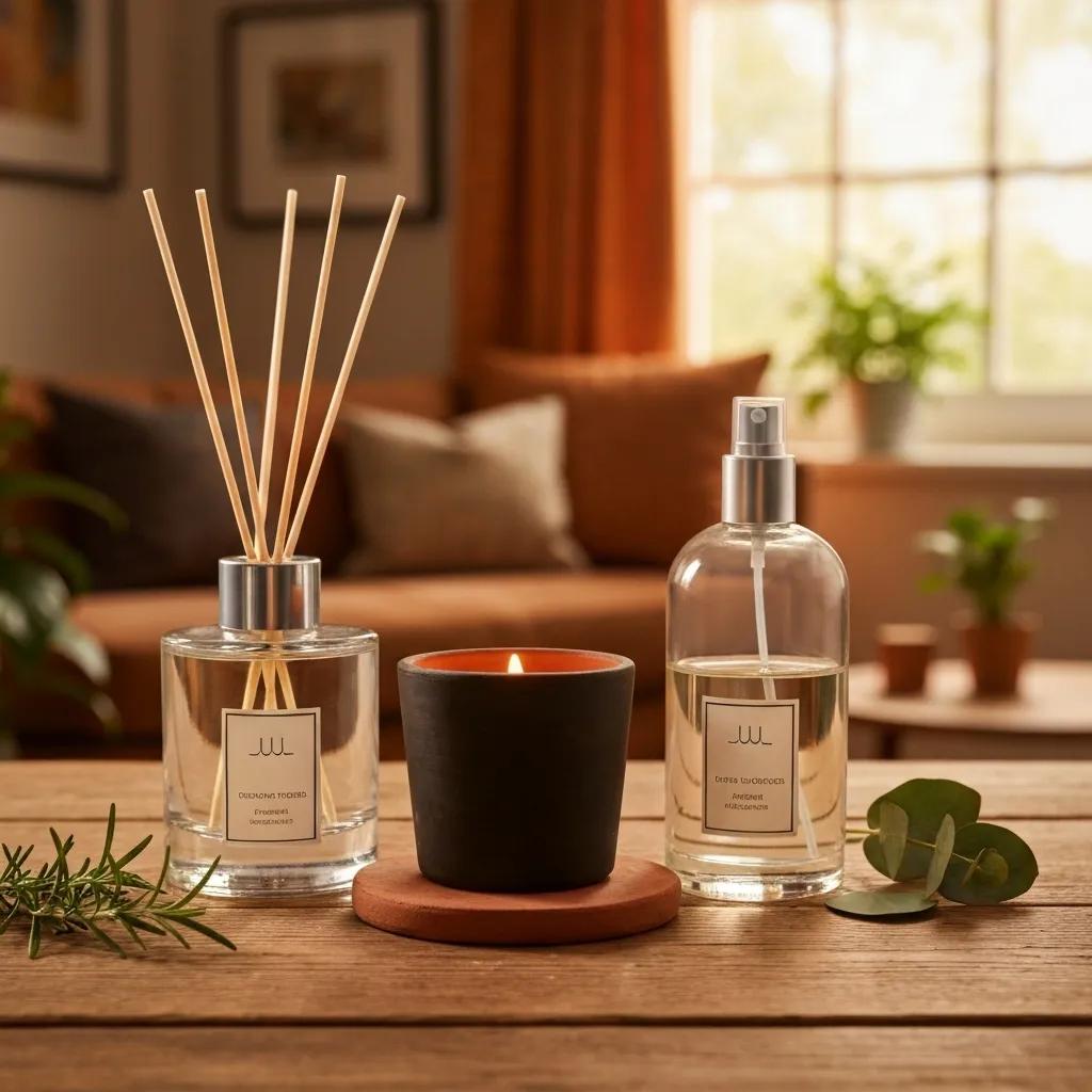Artistic display of layered home fragrance products illustrating scent layering techniques