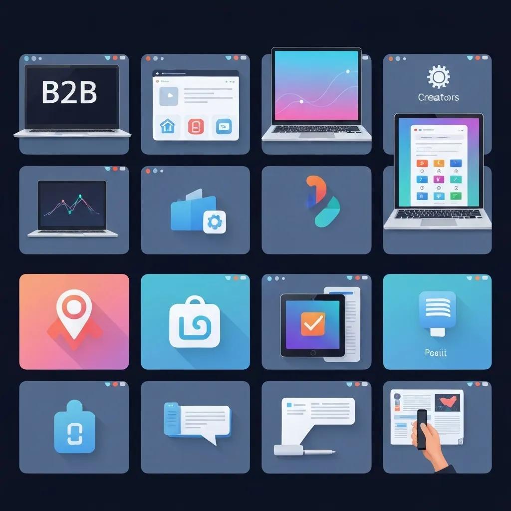 Collection of essential B2B tools for creators, highlighting software icons and devices in a modern workspace