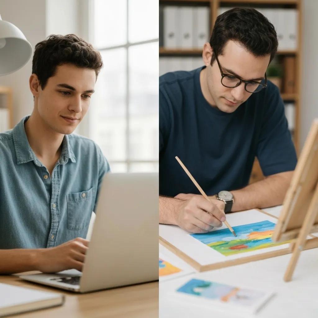 Individual balancing work and creative hobbies, representing personal growth through hobby stacking